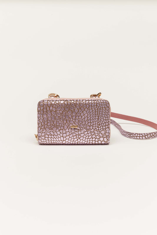 Bolsa pettite con portacelular rosa metálico